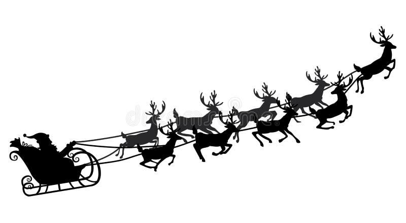 Volo di Santa in una slitta con la renna Illustrazione di vettore Oggetto isolato Siluetta nera Natale