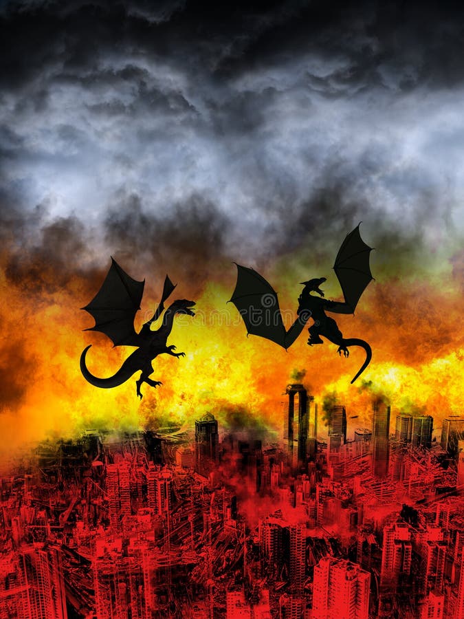 An evil flying dragon flies over a modern city left in ruins. A science fiction fantasy scene of the apocalypse with a destroyed urban area. An evil flying dragon flies over a modern city left in ruins. A science fiction fantasy scene of the apocalypse with a destroyed urban area.