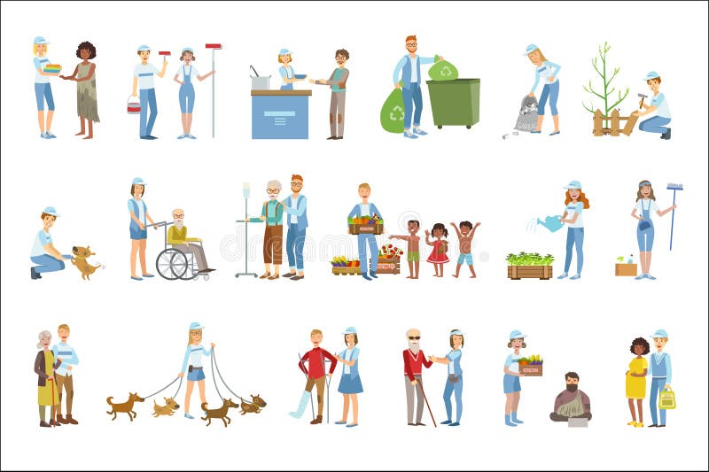 Volunteers Helping In Different Situations Illustrations Isolated On White Background. Simplified Cartoon Characters Set. Volunteers Helping In Different Situations Illustrations Isolated On White Background. Simplified Cartoon Characters Set