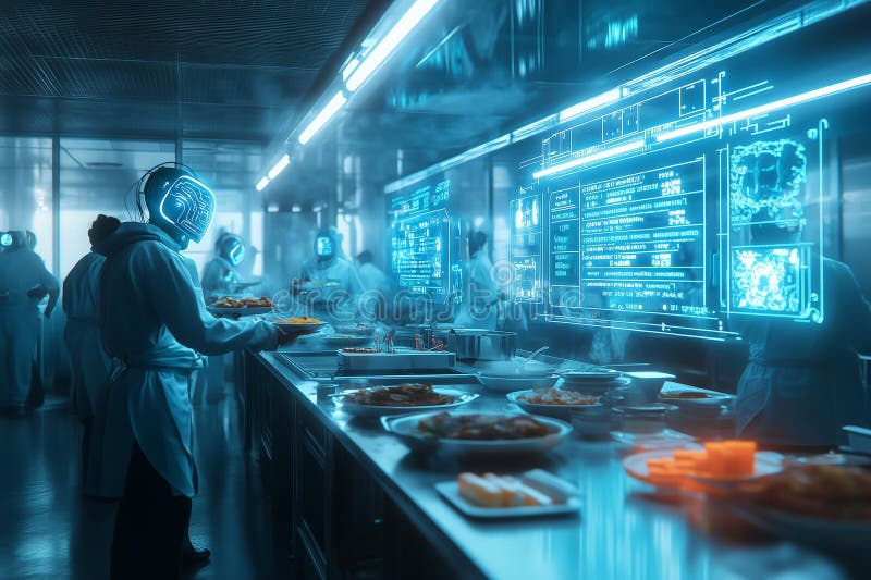Volontari che servono pasti caldi in baracche senzatetto futuristiche all'interno della cucina con attrezzature ad alta tecnologia illustrazione vettoriale