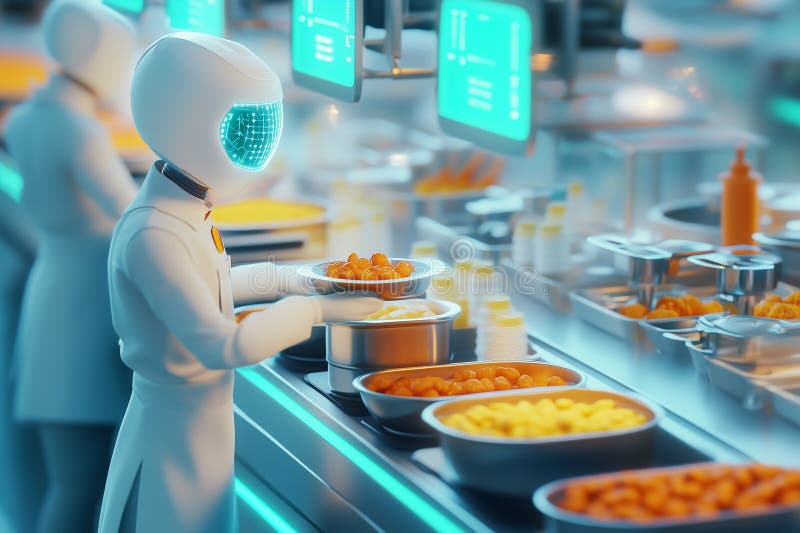 Volontari Humanoid che fanno pasto caldo in case senza tetto in cucina con attrezzature ad alta tecnologia illustrazione di stock