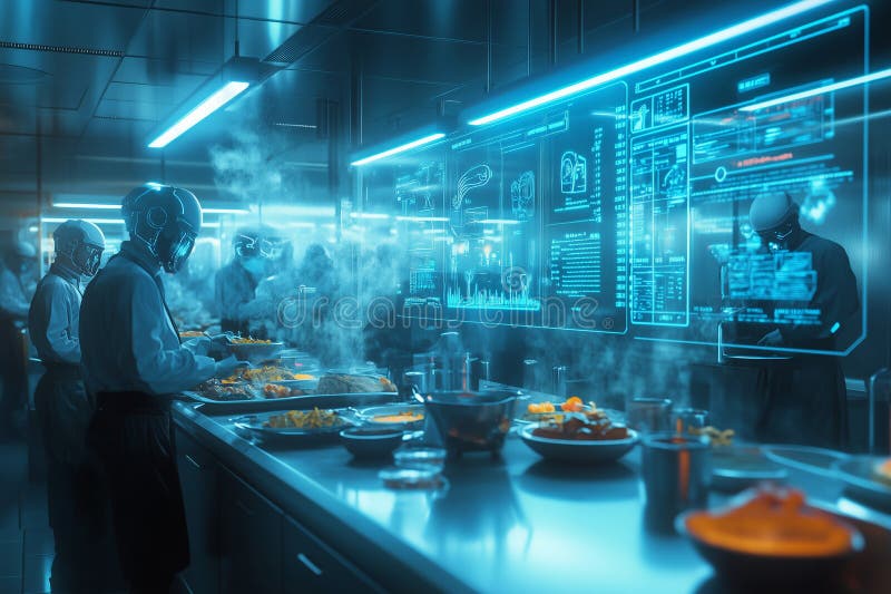 Volontari preparano pasti caldi in case senza tetto affollate e senzatetto in cucina con attrezzature ad alta tecnologia illustrazione vettoriale