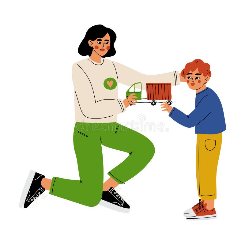 Volontario femminile che dà un ragazzo Toy Car, offrirsi volontariamente, carità e sostenente l'illustrazione di vettore della ge royalty illustrazione gratis Volontario femminile che dà un ragazzo Toy Car, offrirsi volontariamente, carità e sostenente l'illustrazione di vettore della ge royalty illustrazione gratis