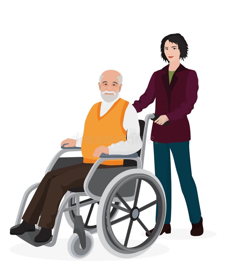 Volontär för ung kvinna som att bry sig den gamla rörelsehindrade mannen i rullstol royaltyfri illustrationer Volontär för ung kvinna som att bry sig den gamla rörelsehindrade mannen i rullstol royaltyfri illustrationer