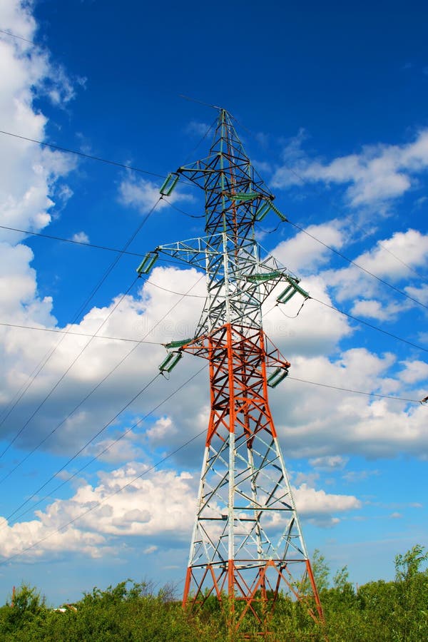 voltage poles high view day summer clouds single