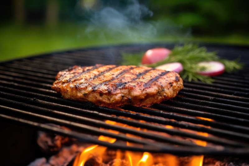Voltear una parte de la hamburguesa de pavo sobre la parrilla. Voltear un partido de la hamburguesa de pavo en la parrilla creado con ai generativo generado