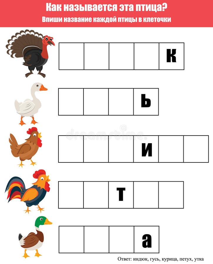 Voltooi het onderwijsspel van woordenkinderen Het thema van landbouwbedrijfvogels stock illustratie Voltooi het onderwijsspel van woordenkinderen Het thema van landbouwbedrijfvogels stock illustratie