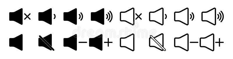 Volume icons. Mute of sound. Noise level from speaker. Audio outline symbols. Button for voice and play. Sign of low or up of stock illustration