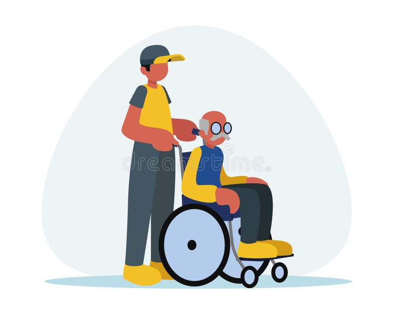 Voluntar tip față ajută bunicul plimbare în vector scaun cu rotile stock illustration