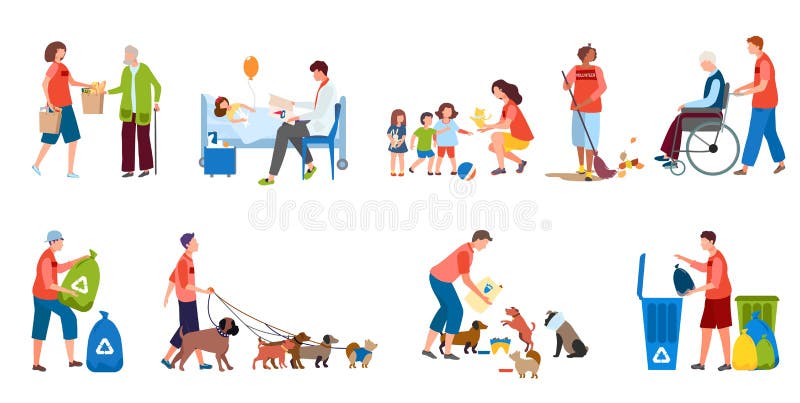 Volunteer Helping People and Animals, Social Service Cartoon Character,  Vector Illustration Stock Vector - Illustration of cartoon, animal:  173498607