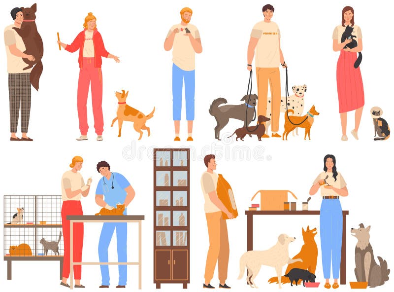 Volunteers in Animal Shelter, People Take Care of Animals, Dogs and Cats  Rehabilitation Center, Vector Illustration Stock Vector - Illustration of  charity, collection: 177391125