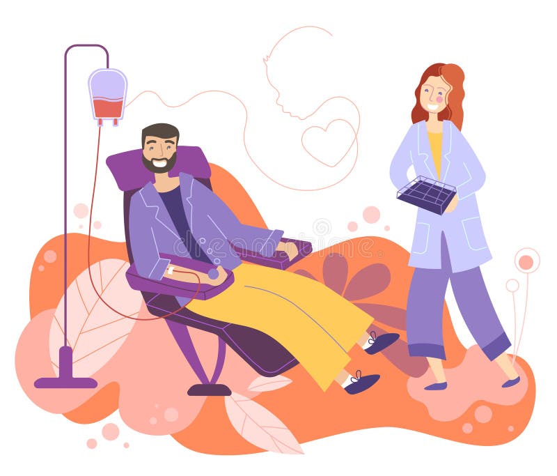 Volunteers Male Character Sitting in Medical Hospital Chairs Donating Blood. Doctor Woman Nurse Take it in Test Flasks vector illustration Volunteers Male Character Sitting in Medical Hospital Chairs Donating Blood. Doctor Woman Nurse Take it in Test Flasks vector illustration