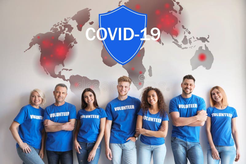 Volunteers uniting to help during COVID-19 outbreak. Group of people on background, world map and shield illustrations stock photos Volunteers uniting to help during COVID-19 outbreak. Group of people on background, world map and shield illustrations stock photos