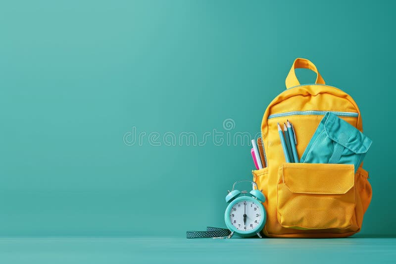 Back to school yellow backpack with alarm clock and school supplies on green background, Generated by AI. Back to school yellow backpack with alarm clock and school supplies on green background, Generated by AI