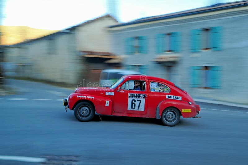 DIE, FRANCE, FEBRUARY 5, 2024. Classic swedish car Volvo PV 544 of 1965, during the 26th Rallye Monte-Carlo Historique of 2024, in southern France. DIE, FRANCE, FEBRUARY 5, 2024. Classic swedish car Volvo PV 544 of 1965, during the 26th Rallye Monte-Carlo Historique of 2024, in southern France.