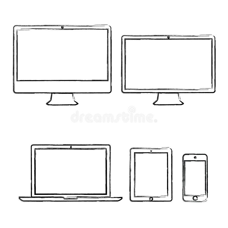 Set of electronic devices grungy hand-drawn technique. Set of electronic devices grungy hand-drawn technique.