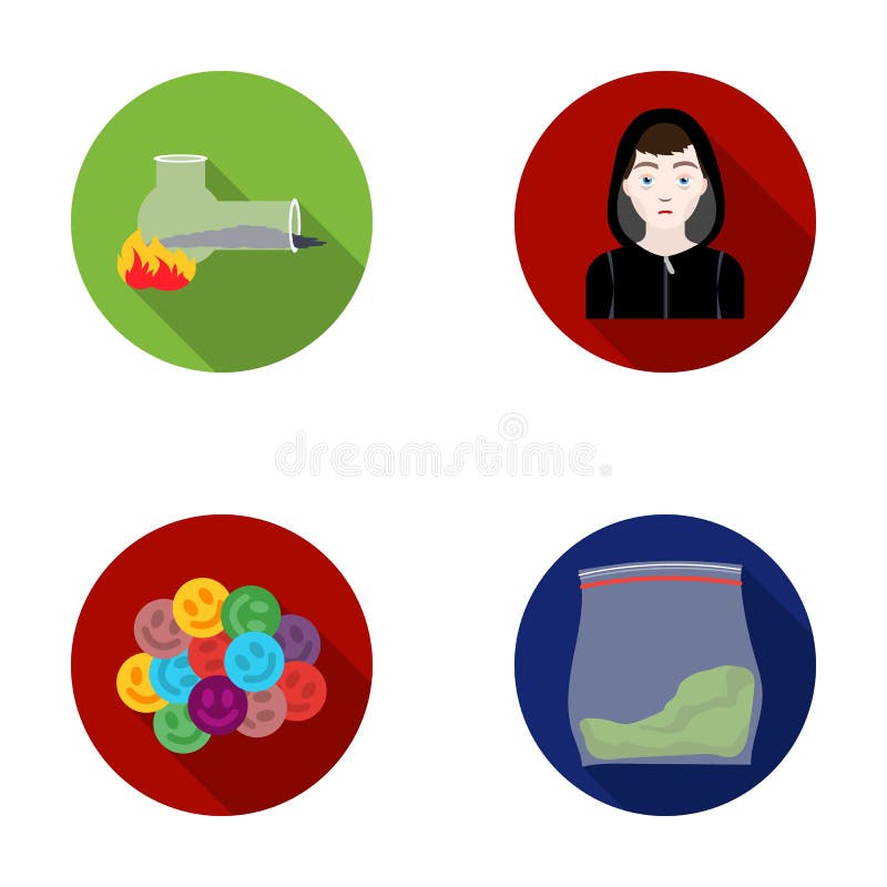Vong, narkoman, pakunek z marihuaną, ekstaza Lek ustawiać inkasowe ikony w mieszkanie stylu symbolu wektorowym zapasie ilustracji Vong, narkoman, pakunek z marihuaną, ekstaza Lek ustawiać inkasowe ikony w mieszkanie stylu symbolu wektorowym zapasie ilustracji