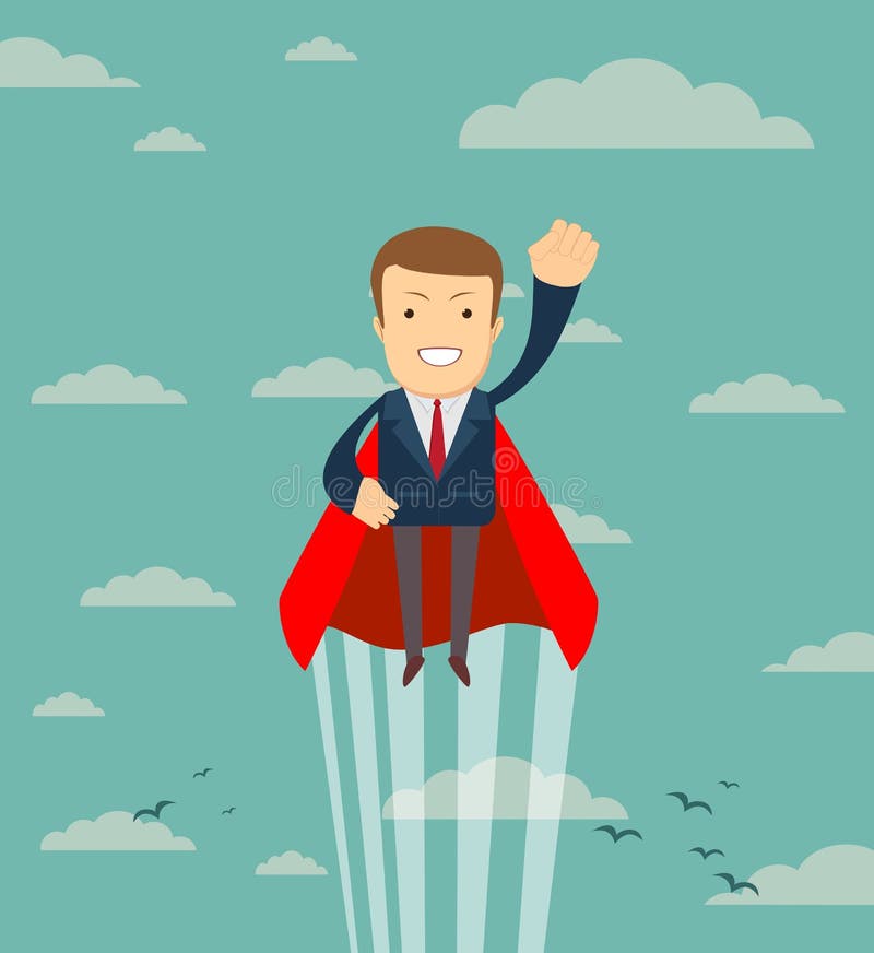 Voo bem sucedido super do homem de negócios do super-herói no céu ilustração do vetor Voo bem sucedido super do homem de negócios do super-herói no céu ilustração do vetor