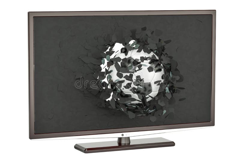 Soccer ball flying through broken screen of TV set, 3D rendering on white background. Soccer ball flying through broken screen of TV set, 3D rendering on white background