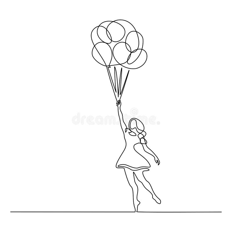 Rapariga a voar com balão linha contínua ilustração stock