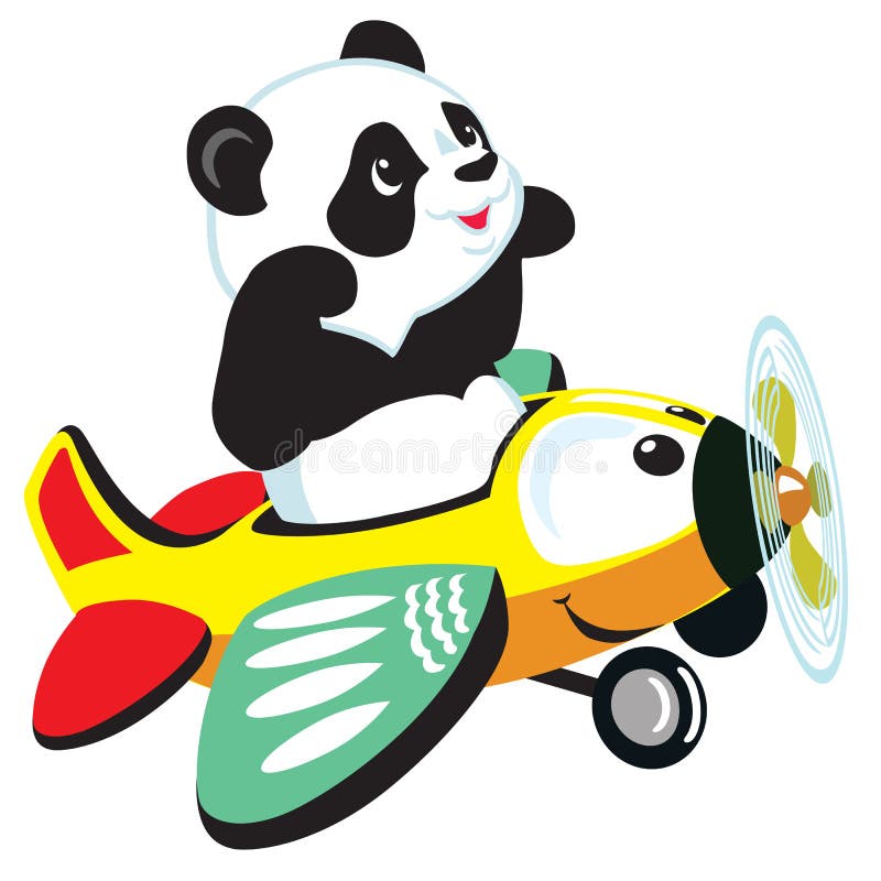 Desenhos animados do pequeno panda operando um avião
