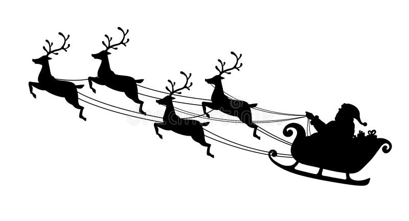 Santa Claus flying with reindeer sleigh. Black Silhouette. Symbol of Christmas and New Year isolated on white background. Vector illustration. Cartoon style. Santa Claus flying with reindeer sleigh. Black Silhouette. Symbol of Christmas and New Year isolated on white background. Vector illustration. Cartoon style