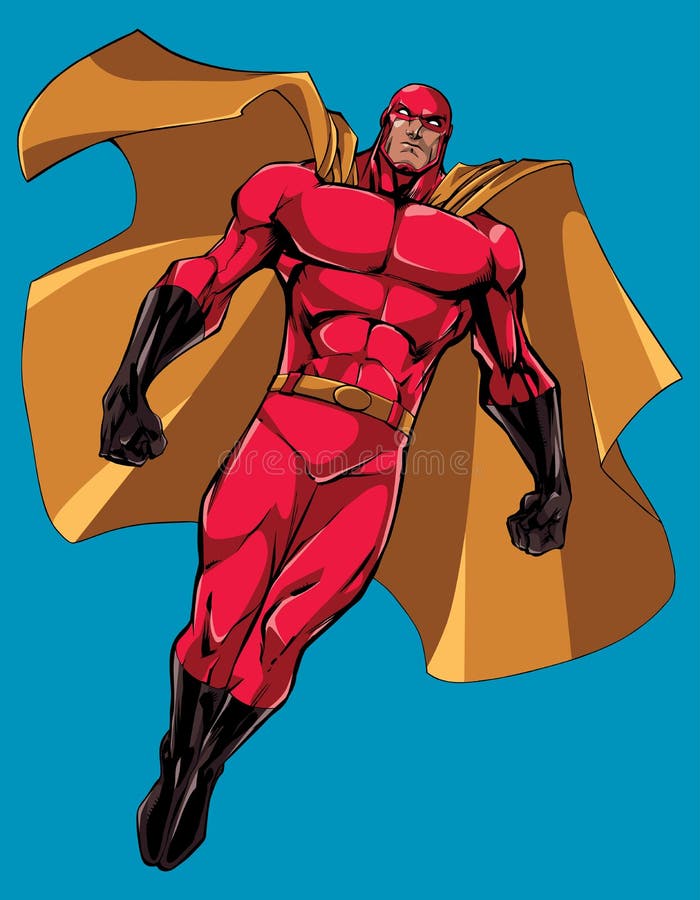 Full length illustration of powerful superhero looking down while soaring in the sky. Full length illustration of powerful superhero looking down while soaring in the sky.