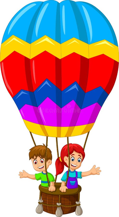 Voo engraçado dos desenhos animados de duas crianças em um balão de ar quente ilustração royalty free Voo engraçado dos desenhos animados de duas crianças em um balão de ar quente ilustração royalty free