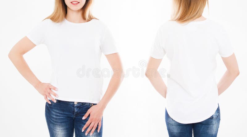 Voor en achtermeningen van mooie vrouw, meisje in modieuze t-shirt stock fotografie Voor en achtermeningen van mooie vrouw, meisje in modieuze t-shirt stock fotografie