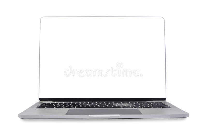 Vooraanzicht, moderne, dunne, laptopcomputer, met een leeg scherm, geïsoleerd op witte achtergrond royalty-vrije stock afbeelding Vooraanzicht, moderne, dunne, laptopcomputer, met een leeg scherm, geïsoleerd op witte achtergrond royalty-vrije stock afbeelding