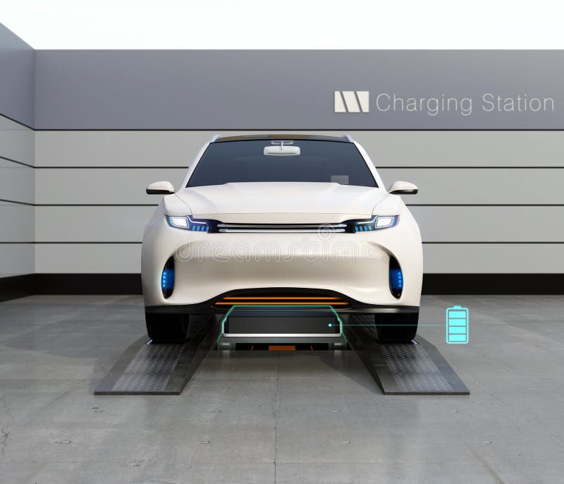 Vooraanzicht van de elektrische SUV-lage batterij van de autouitwisseling in batterij die post ruilen royalty-vrije illustratie Vooraanzicht van de elektrische SUV-lage batterij van de autouitwisseling in batterij die post ruilen royalty-vrije illustratie