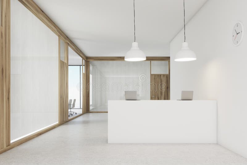Vooraanzicht van een bureauhal met een ontvangstteller stock illustratie Vooraanzicht van een bureauhal met een ontvangstteller stock illustratie