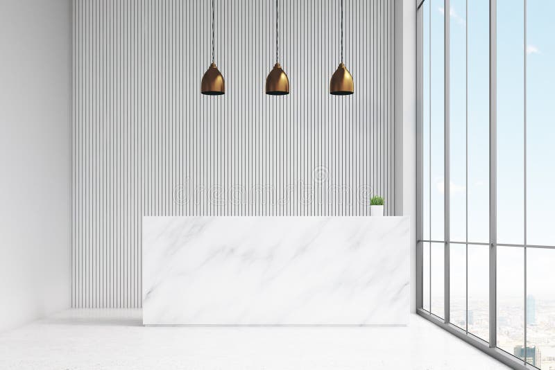 Vooraanzicht van een wit ontvangstbureau die zich in een bureauzaal bevinden Er zijn drie lampen boven het en een panoramisch ven royalty-vrije illustratie Vooraanzicht van een wit ontvangstbureau die zich in een bureauzaal bevinden Er zijn drie lampen boven het en een panoramisch ven royalty-vrije illustratie