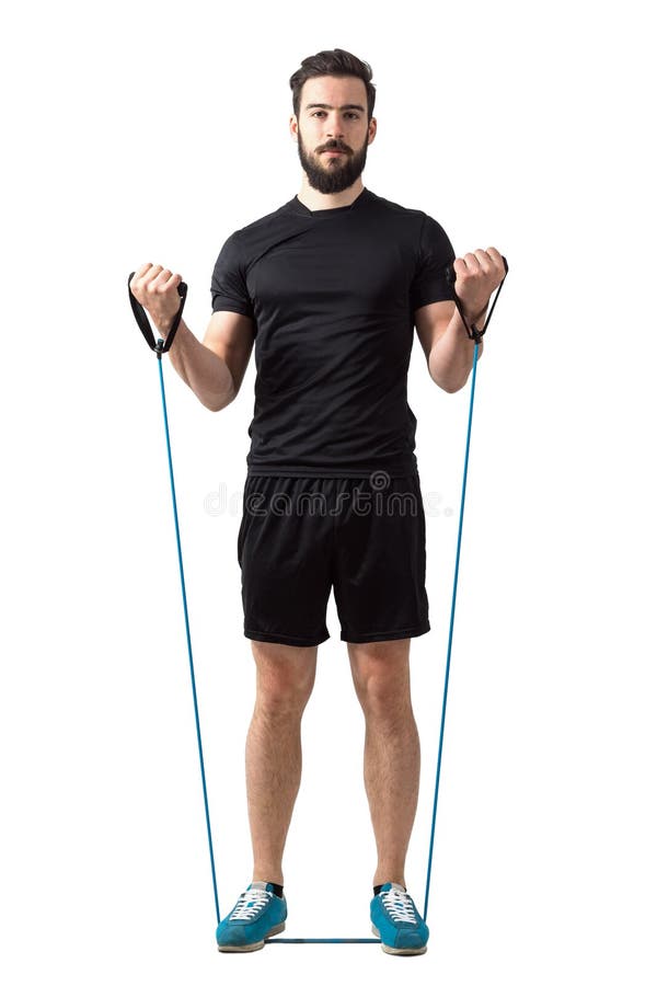 Vooraanzicht van jonge geschiktheids model doende bicep krullen met elastiekjes stock foto's Vooraanzicht van jonge geschiktheids model doende bicep krullen met elastiekjes stock foto's