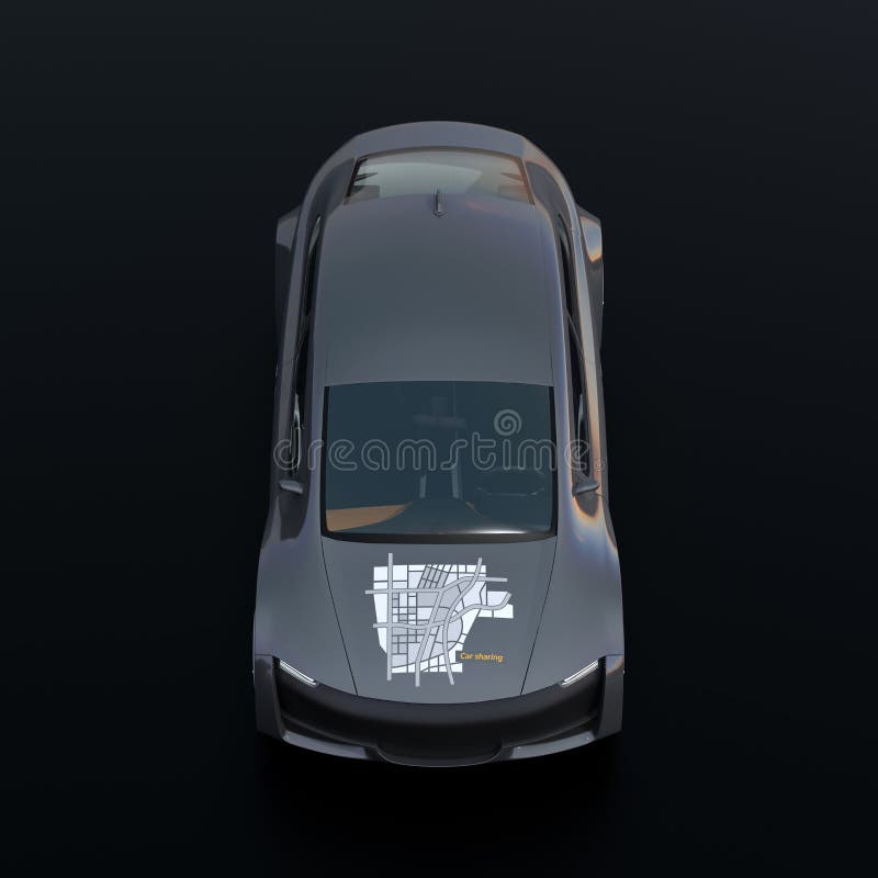 Vooraanzicht van metaal grijze elektrische auto met auto die grafisch patroon op kap delen vector illustratie Vooraanzicht van metaal grijze elektrische auto met auto die grafisch patroon op kap delen vector illustratie
