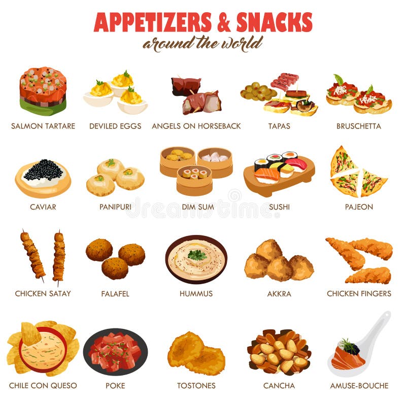 Voorgerechten en Snackspictogrammen vector illustratie Voorgerechten en Snackspictogrammen vector illustratie