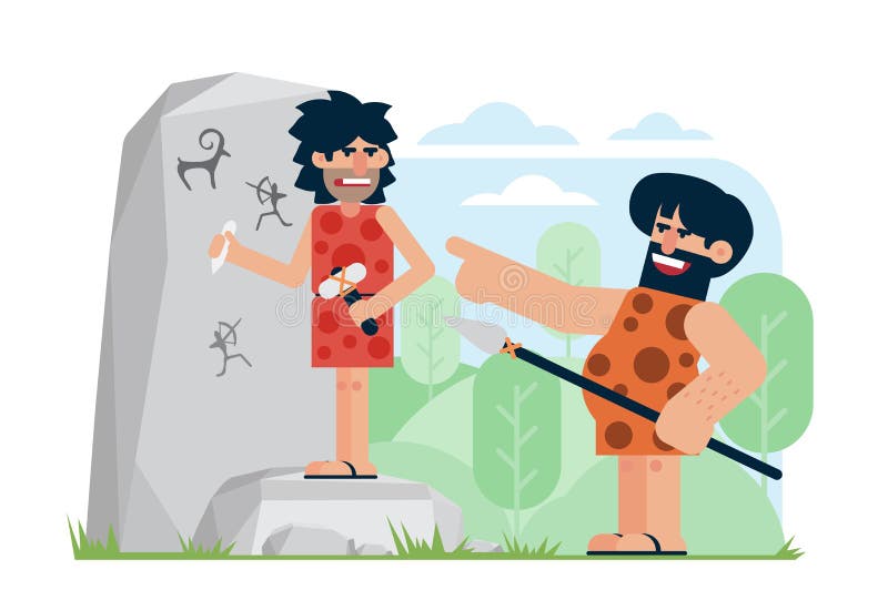 Prehistoric man with spear laughing and pointing at annoyed artist carving petroglyphs on rock. Scoff at intelligent individuals cartoon flat vector illustration. Prehistoric man with spear laughing and pointing at annoyed artist carving petroglyphs on rock. Scoff at intelligent individuals cartoon flat vector illustration