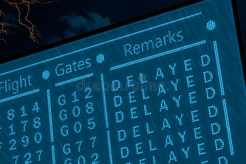 Voos atrasados devido ao conceito do mau tempo Calendário do aeroporto sob a chuva profunda com relâmpagos e o céu escuro Monitor imagem de stock Voos atrasados devido ao conceito do mau tempo Calendário do aeroporto sob a chuva profunda com relâmpagos e o céu escuro Monitor imagem de stock