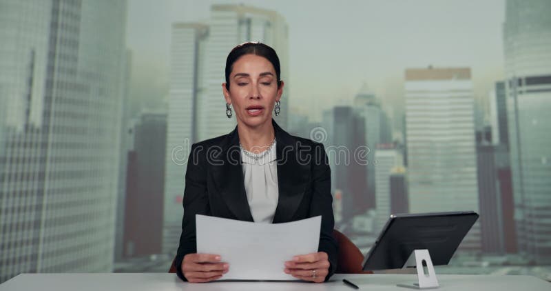 Vor Anker und Gespräch mit Frau Tablet und Gespräch mit Information Broadcast und Netzwerk. Portrait stock video