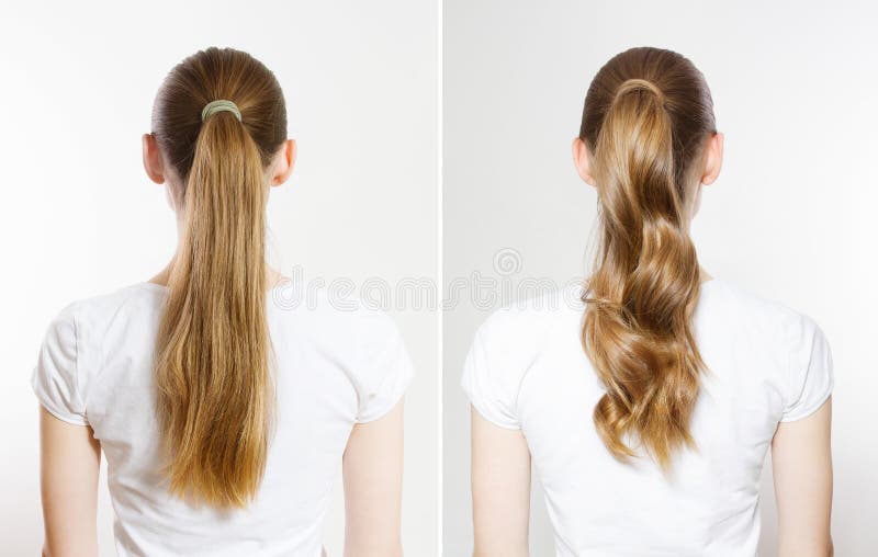 Vor der geraden, glatten, hohen Ponyschwanzansicht, isoliert auf weißem Hintergrund. schnelle und einfache Frisuren für stockbilder