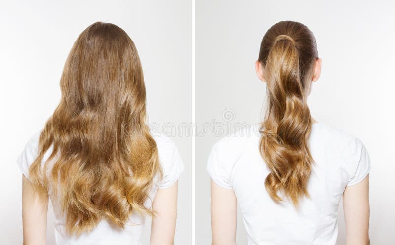 Vor der Schließung nach einer kaukasischen, lockenförmigen, gewellten Haartypenansicht isoliert auf weißem Hintergrund. glänzend l stockfotos