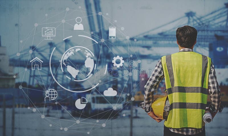 Vorarbeiter Working mit globaler globaler Partnerverbindung der Geschäftsverbindungs-Technologieschnittstelle des Behälter-Fracht lizenzfreies stockfoto Vorarbeiter Working mit globaler globaler Partnerverbindung der Geschäftsverbindungs-Technologieschnittstelle des Behälter-Fracht lizenzfreies stockfoto