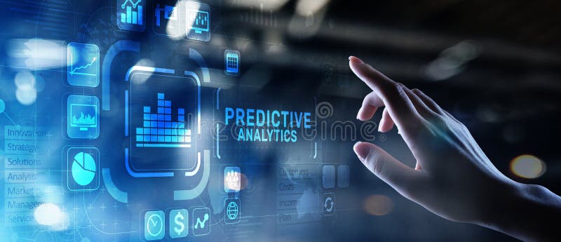 Vorbestimmtes Internet der Analytics Big Data-Analyse Handelsnachrichten und modernes Technologiekonzept auf virtuellem Schirm