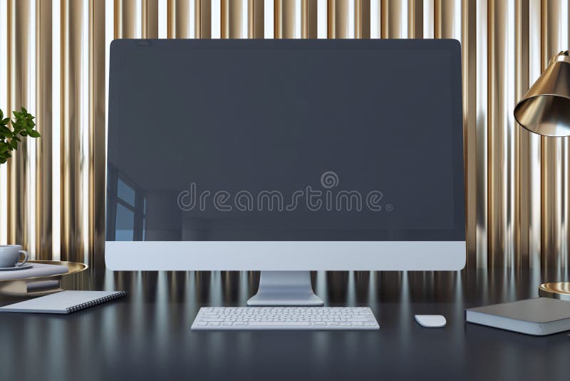 Vorderansicht auf dem weißen dunklen Monitor mit Platz für Ihren Text oder Logo auf dem schwarzen Tisch mit Notebook auf goldgepol vektor abbildung