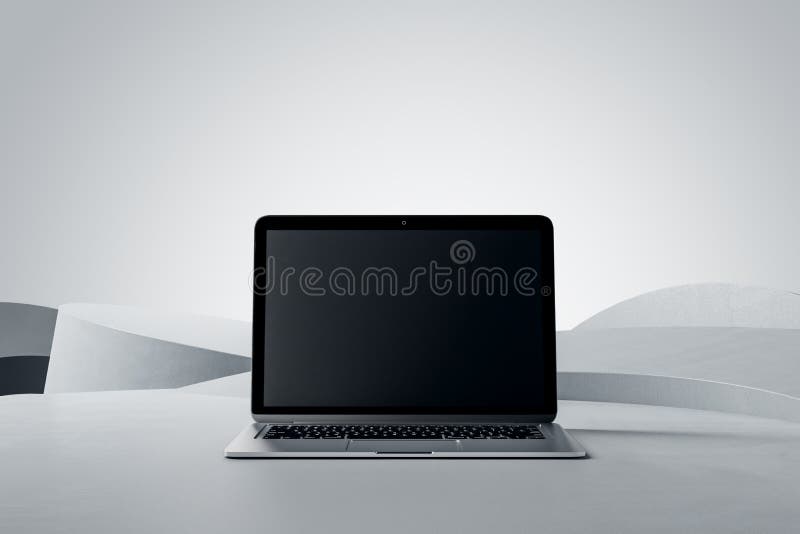 Vorderansicht auf einem schwarzen, modernen Notebook-Monitor mit Platz für Ihr Logo oder Text auf einer abstrakten, hellgrauen, st vektor abbildung