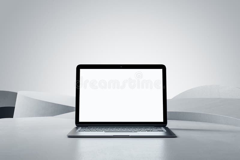 Vorderansicht auf einem weißen, modernen Notebook-Monitor mit Platz für Ihr Logo oder Text auf einer abstrakten, hellgrauen, stilv vektor abbildung