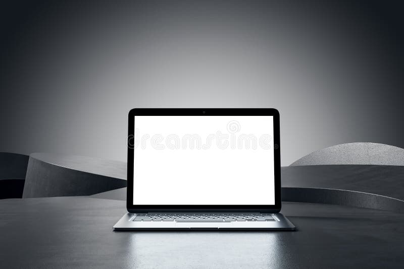 Vorderansicht auf weißem, modernem Notebook-Bildschirm mit Platz für Ihr Logo oder Text auf abstrakter Betonoberfläche und grauem lizenzfreie abbildung