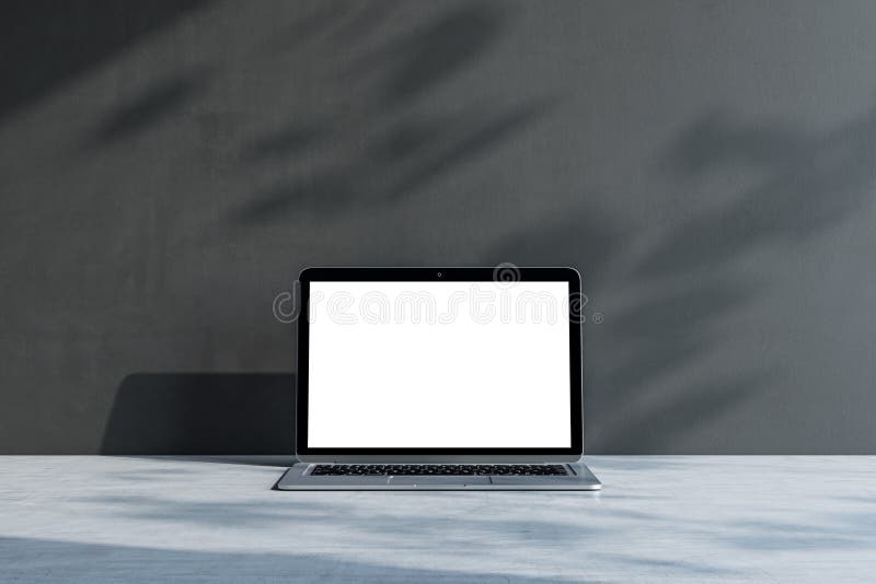 Vorderansicht auf weißem Notebook-Bildschirm mit Platz für Ihr Logo oder Text auf hellgrauem Beton und dunkellichter Wand vektor abbildung