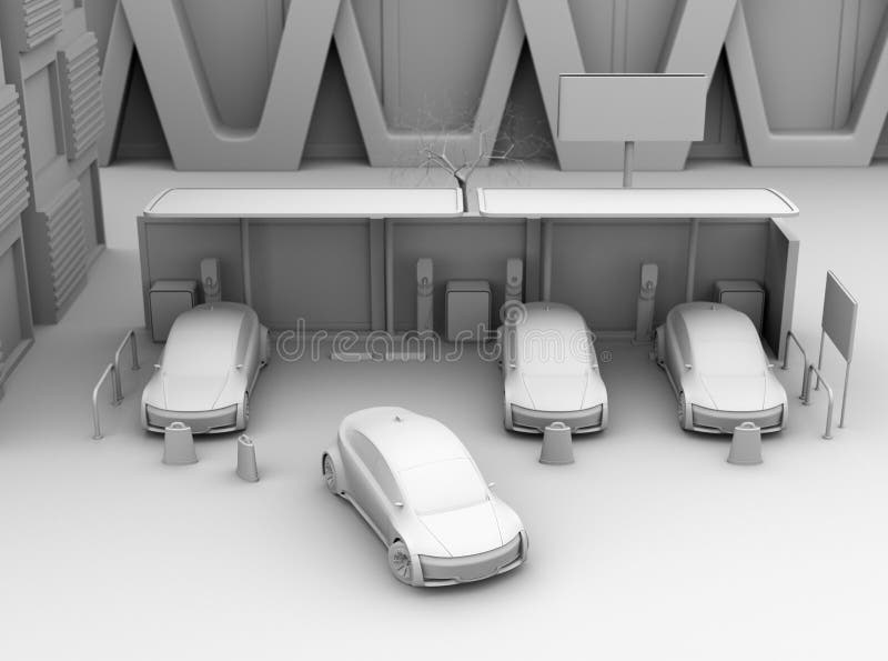 Vorderansicht von Lehmschattierungs-Wiedergabe von Elektroautos im Parkplatz des Carsharings nur vektor abbildung