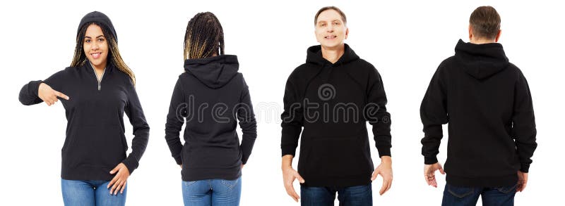 Vordere R?ckseite und hintere schwarze Sweatshirtansicht Schöne schwarze Frau und Mann in der Schablonenkleidung für den Druck- u lizenzfreies stockbild Vordere R?ckseite und hintere schwarze Sweatshirtansicht Schöne schwarze Frau und Mann in der Schablonenkleidung für den Druck- u lizenzfreies stockbild
